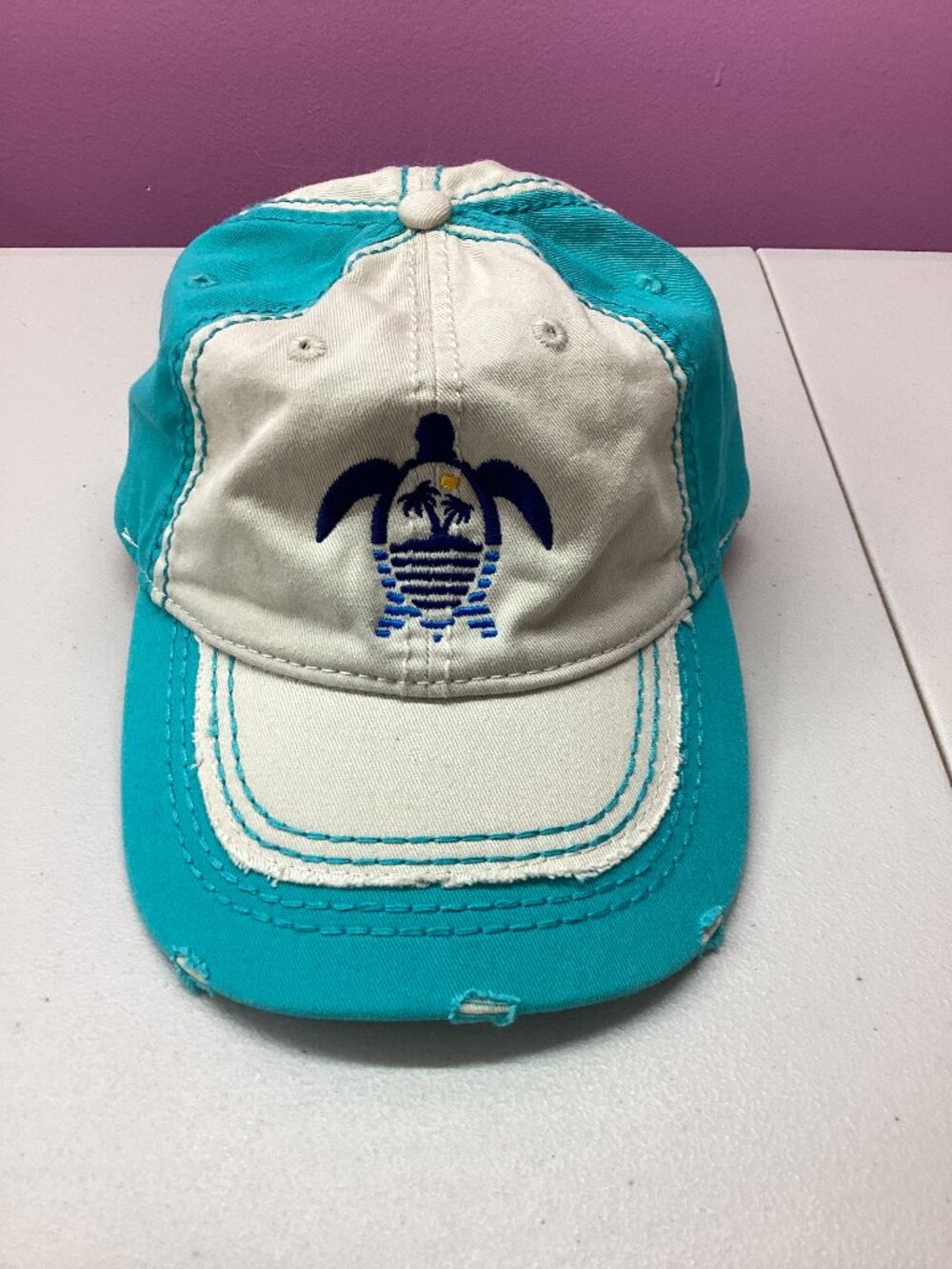 Ace OS White Teal 6 Panel Distressed Kennedy Space Center Embroidered Hat